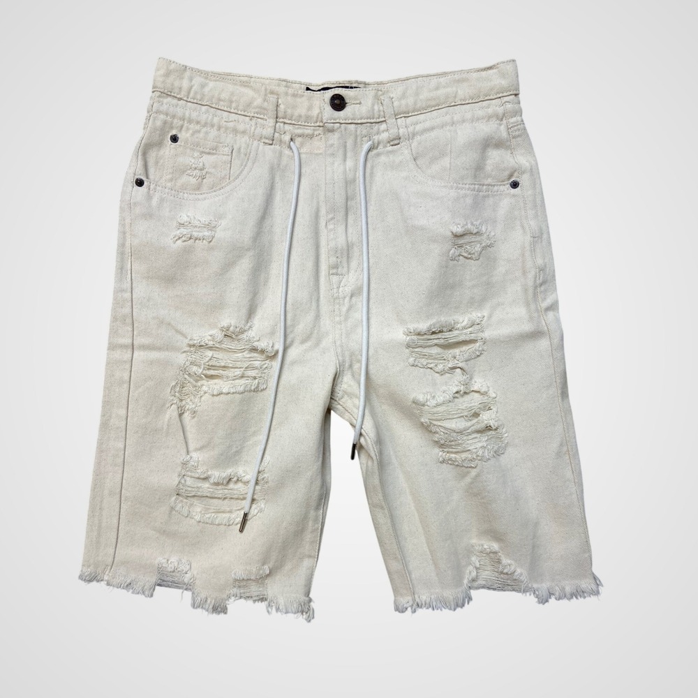 BBJ Los Angeles Womens Distressed Denim Bermuda Shorts Cream Off-White Size 5/27